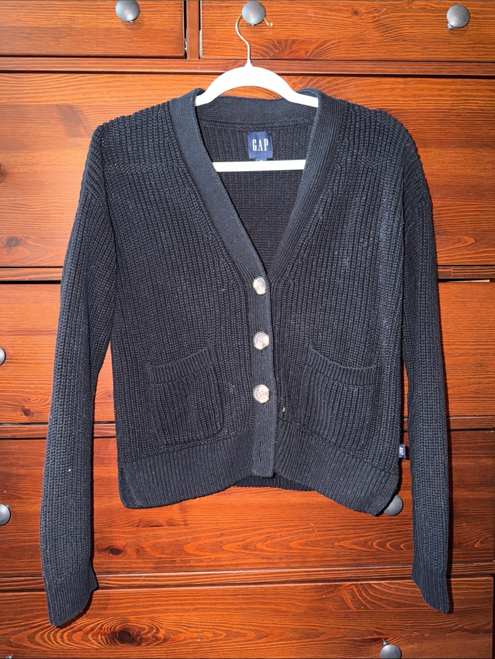 GAP Black Ribbed Button-Front Pocket Cardigan 100% Cotton Size M